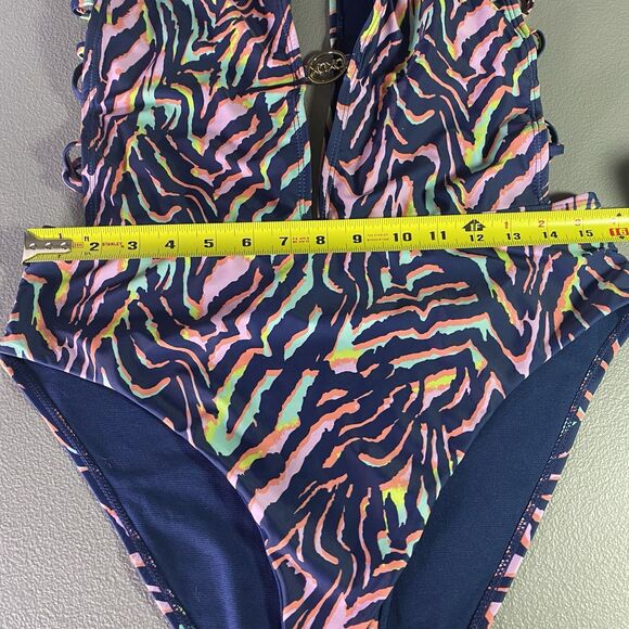 XOXO One Piece Swimsuit Strappy Sides Deep Keyhole Front Colorful Womens XL Blue - Picture 7 of 8